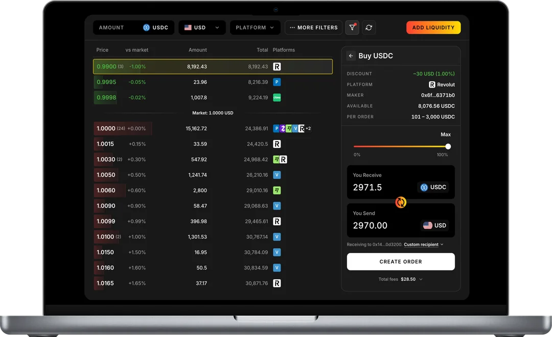 Laptop displaying a dark P2P crypto trading dashboard