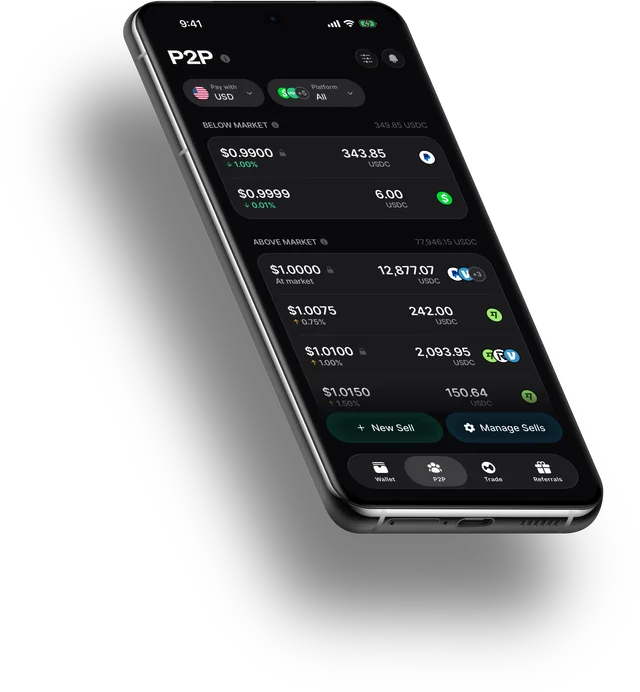 Mobile phone displaying a dark P2P trading market